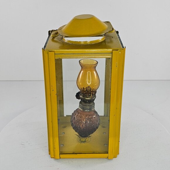 Vintage Square Yellow Square Lantern With Amber Hobanil Oil Lamp Hong Kong - Picture 2 of 6